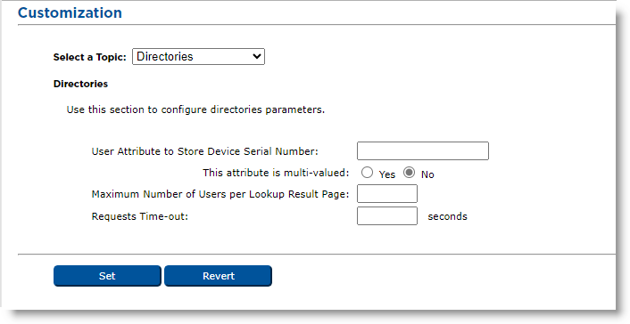 Customization page of Configuration tab with Directories topic selected and various fields to set